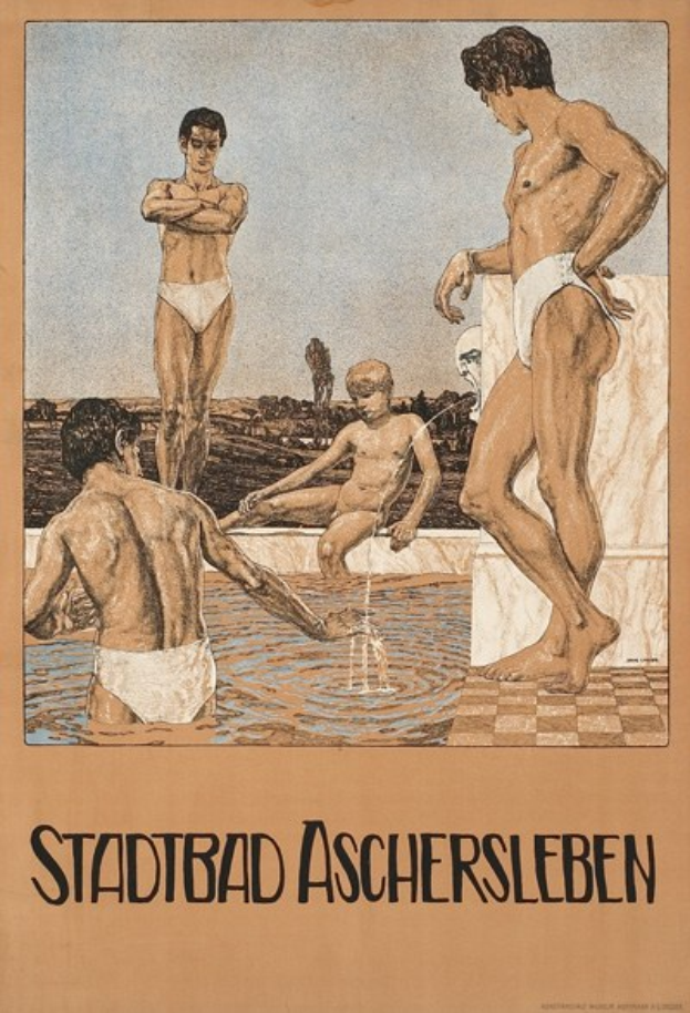 Plakat wirbt für ein Schwimmbad in Aschersleben, Deutschland, mit Menschen im Wasser und einer sitzenden Person sowie Textinformationen.