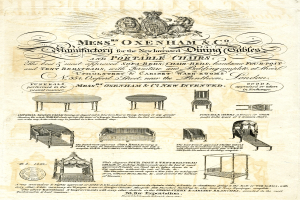 Eine alte Werbung für Mess & Oxenham & Co's Möbel, mit detaillierten Abbildungen von Tischen und Stühlen in einem gedämpften Blau- und Grauton
