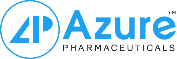 Logo von Azure Pharmaceuticals: fettes schwarzes Unternehmensnamen in einem blauen Kreis mit einer weißen Umrandung auf einem weißen Hintergrund.