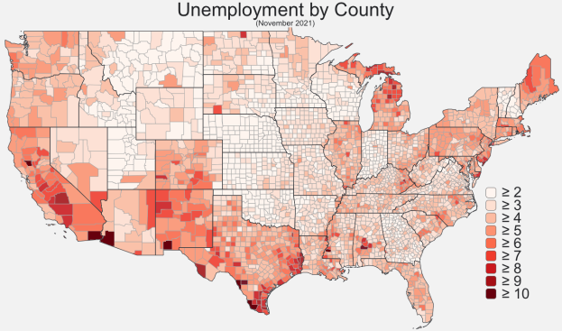 Eine Karte der Vereinigten Staaten mit Countys, die nach dem Arbeitslosigkeitsanteil farblich codiert sind, betitelt mit "Arbeitslosigkeit nach County".