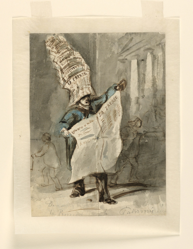 Ein Mann mit einer Zeitung auf dem Kopf, der einen Hut trägt und entschlossen aussieht, steht vor einer Gruppe erwartungsvoller Menschen.