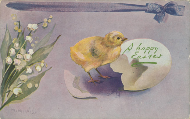 Ein nostalgisches Ostern-Postkarte mit einem gelben Huhn, einem Ei, einem Messer und einem Strauß Lilien mit der Aufschrift "Frohe Ostern".