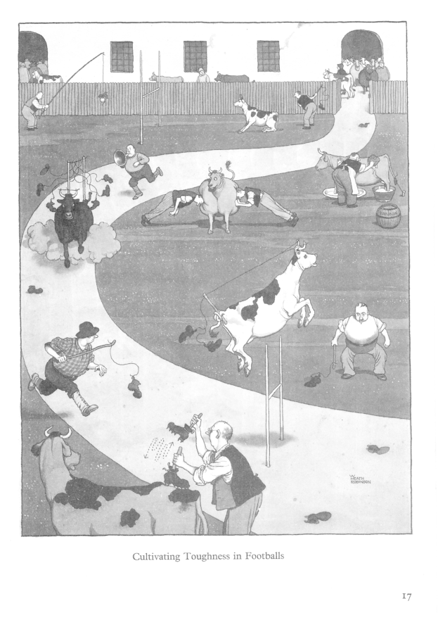 Schwarze und weiße Zeichnung von Menschen und Tieren auf einem Feld mit einer Wand und Fenstern im Hintergrund, mit dem Text "Härte im Fußball kultivieren" unten.