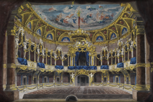 Ein Gemälde eines Theatersaals mit einer prächtigen, kunstvoll verzierten Decke, geschmückten Wänden mit Säulen, Geländern und Vorhängen und einem Teppichboden, gekrönt von einem zusätzlichen Gemälde.