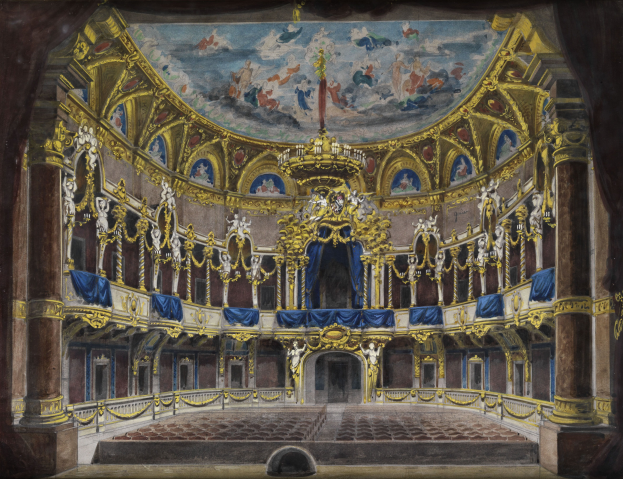 Ein Gemälde eines Theatersaals mit einer prächtigen, kunstvoll verzierten Decke, geschmückten Wänden mit Säulen, Geländern und Vorhängen und einem Teppichboden, gekrönt von einem zusätzlichen Gemälde.