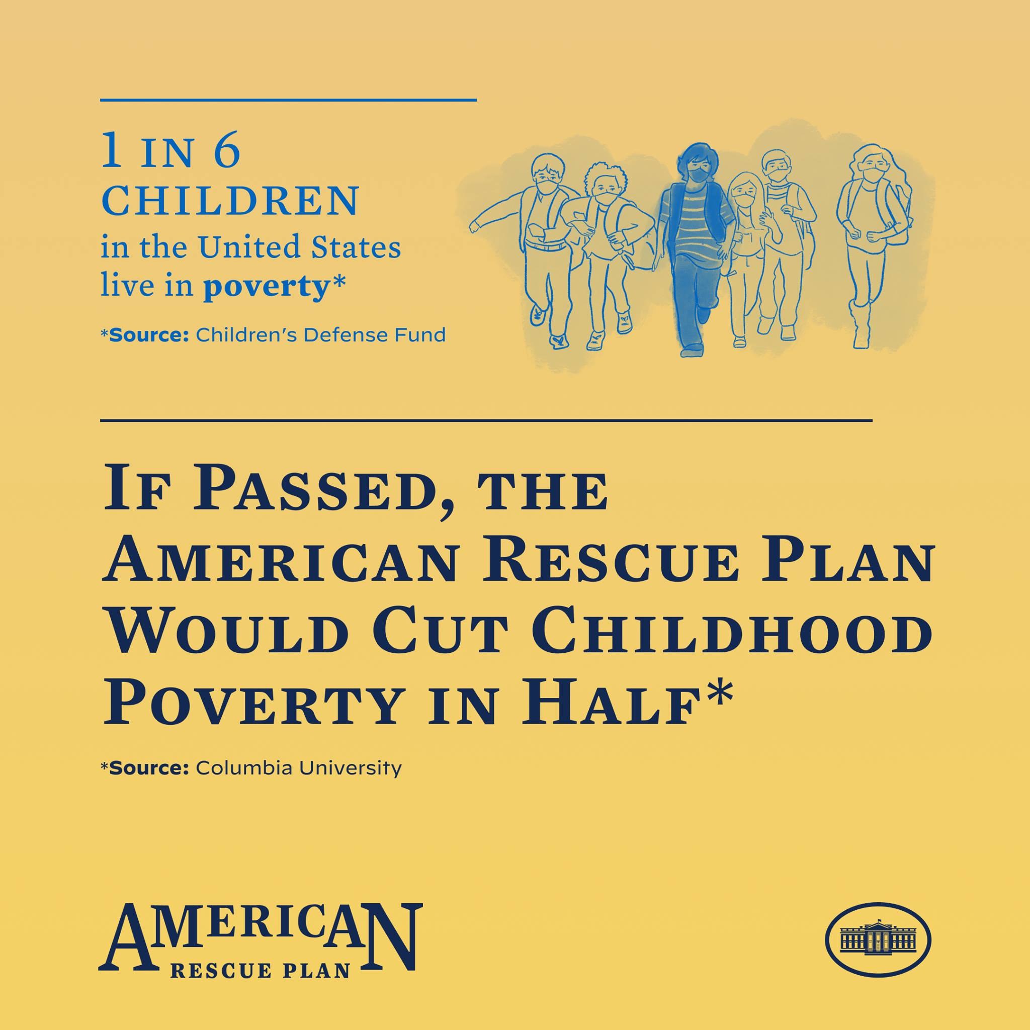 Plakat für den American Rescue Plan mit Text, der besagt, dass er die Kinderarmut in den USA halbieren würde, und einem Foto einer vielfältigen Gruppe von Menschen.