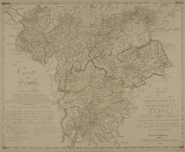 Ein detailliertes altes Stadtplan von Tirol, Deutschland, zeigt Städte, Ortschaften, geografische Merkmale und Text über Bevölkerung, Straßen und Sehenswürdigkeiten.