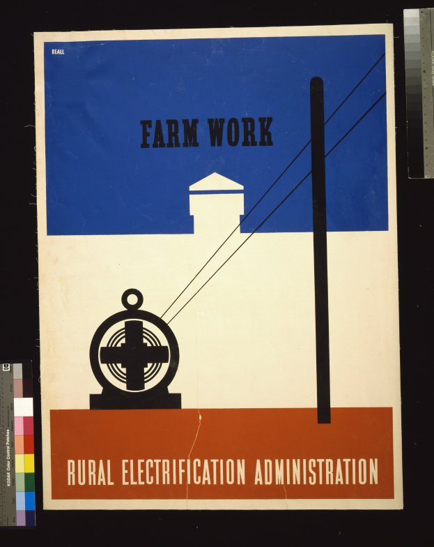 Plakat mit fettem schwarzem Text "Farm Work Rural Electricity Administration" auf weißem Hintergrund, eingerahmt von einem dünnen schwarzen Rand, mit einer Grafik einer Farm mit Traktor und Scheune.