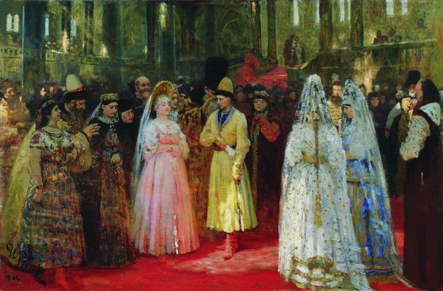 Ein leuchtendes Gemälde einer russischen Hochzeitsgesellschaft, einschließlich Braut und Bräutigam in traditioneller Kleidung, die auf einem roten Teppich vor einem Gebäude stehen, umgeben von Familie und Freunden.