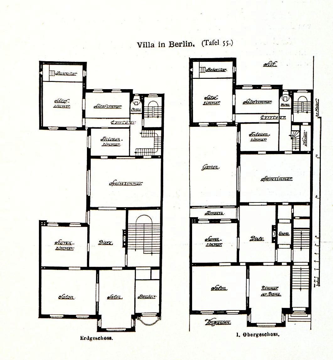 Schwarz-weißes Architekturdiagramm eines Berliner Hauses mit Grundriss und beschrifteten Raumgrößen, Fenstern und Türen.