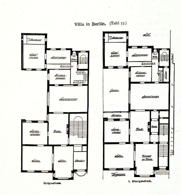 Schwarz-weißes Architekturdiagramm eines Berliner Hauses mit Grundriss und beschrifteten Raumgrößen, Fenstern und Türen.