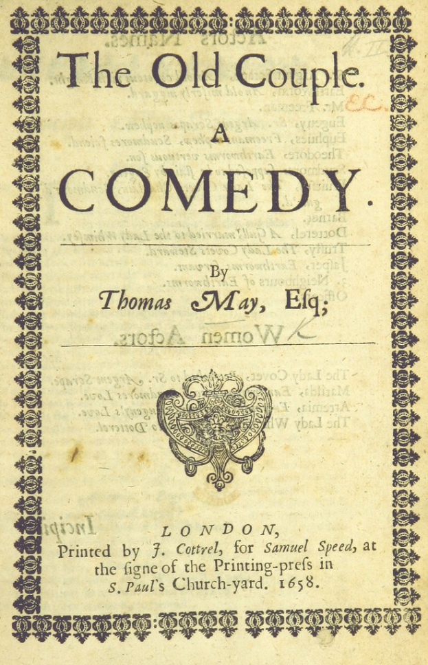 Deckblatt eines alten Buches mit dem Titel 'The Old Couple: A Comedy' mit einem Logo auf dem Cover