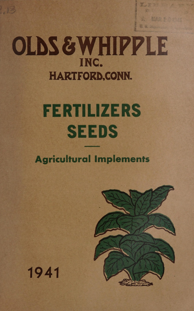 Altes Buchcover aus dem Jahr 1941 mit dem Titel "Düngemittel Samen Landwirtschaftliche Geräte" mit einer Illustration einer grünen Pflanze mit Stielen und Blättern.