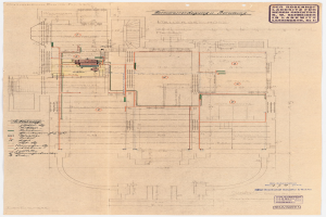 Schwarz-weißer Architekturplan des Rosenhof-Krankenhauses in Hamburg, Deutschland, mit detaillierten Grundrissen, beschrifteten Räumen, Fluren und Verdrahtungsplänen auf altem Papier.