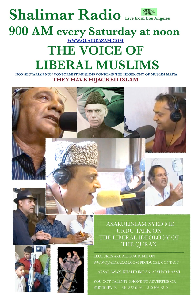 Plakat, das die "Stimme der liberalen Muslime"-Radioshow bewirbt, mit Bildern von Menschen mit Kopfhörern und Mikrofonen in einem Gespräch.