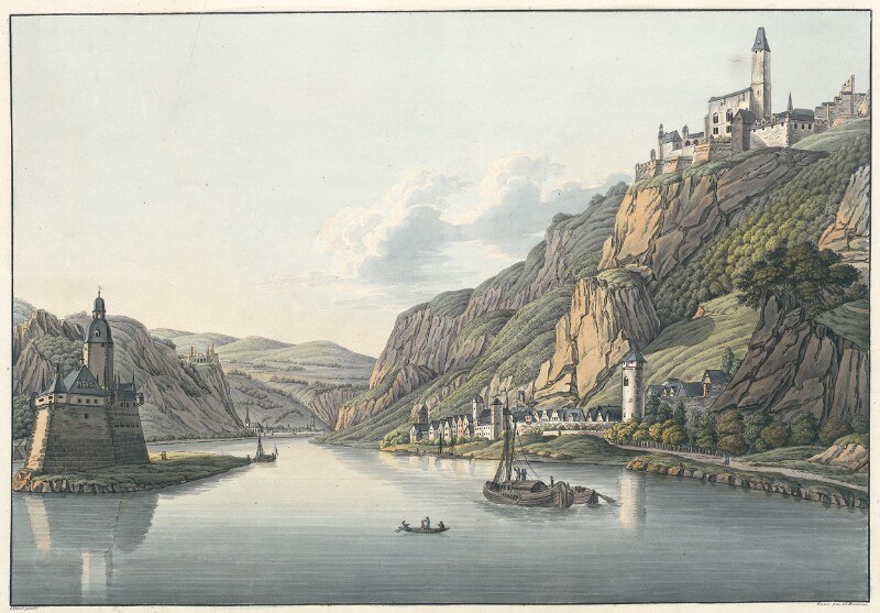 Malerei eines Flusses mit Booten, umgeben von Hügeln, Bäumen, Gebäuden und einem bewölkten Himmel, mit dem Text "Schloss Karlsruhe in Deutschland" unten.