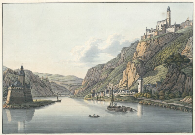 Malerei eines Flusses mit Booten, umgeben von Hügeln, Bäumen, Gebäuden und einem bewölkten Himmel, mit dem Text "Schloss Karlsruhe in Deutschland" unten.