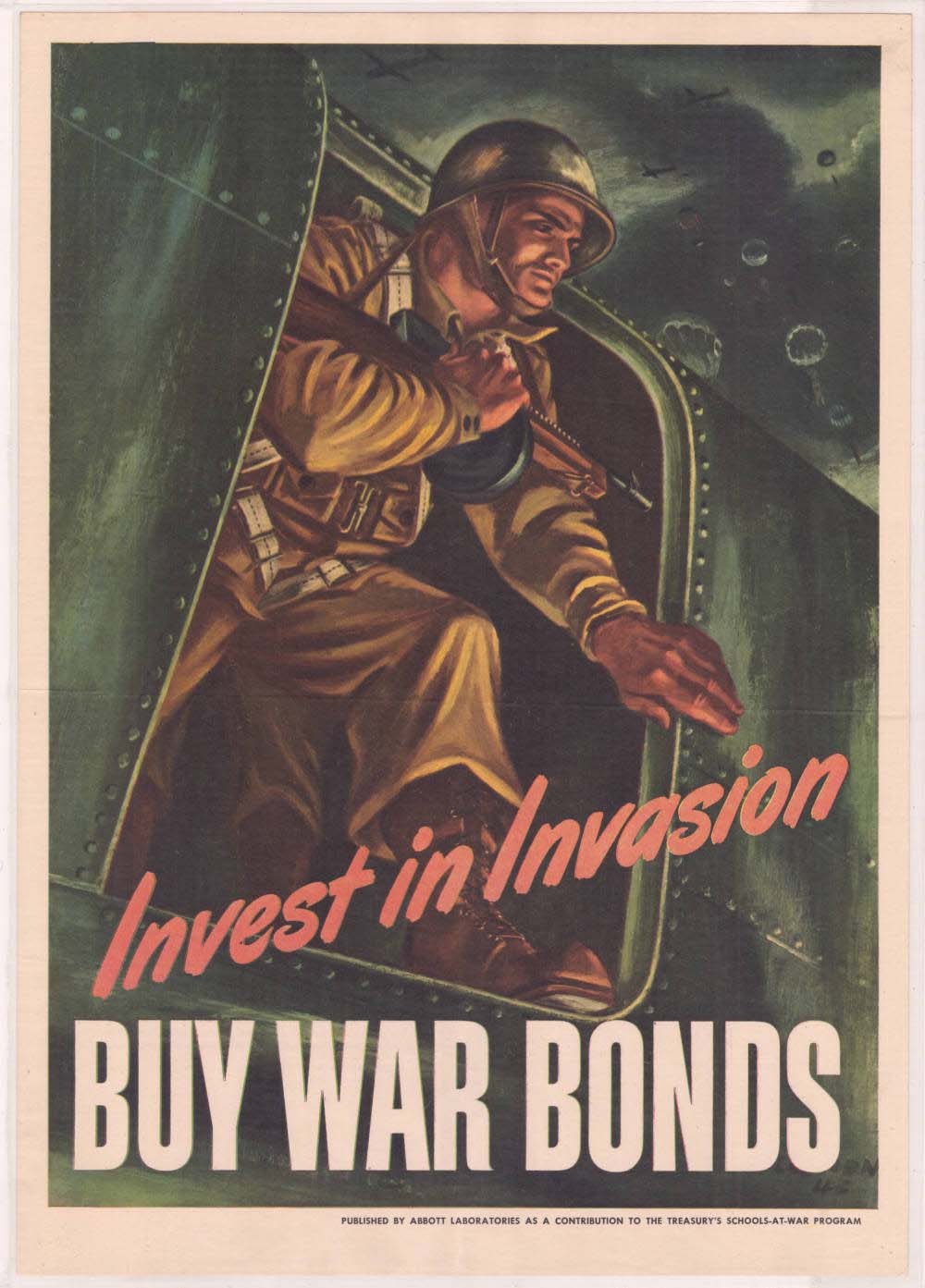 Plakat mit einem Soldaten in Helm und militärischer Uniform, der eine Waffe hält, mit dem Text "Investiere in Invasion, Kaufe Kriegsanleihen" darüber.
