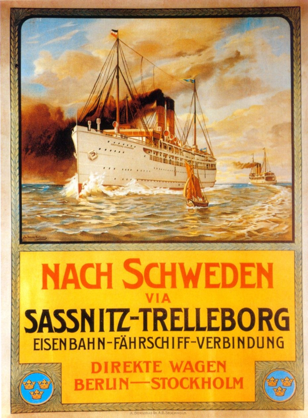 Ein Plakat, das eine Kreuzfahrt auf dem Wasser mit anderen Booten im Hintergrund ankündigt, mit Text, der Informationen über das Schiff enthält.