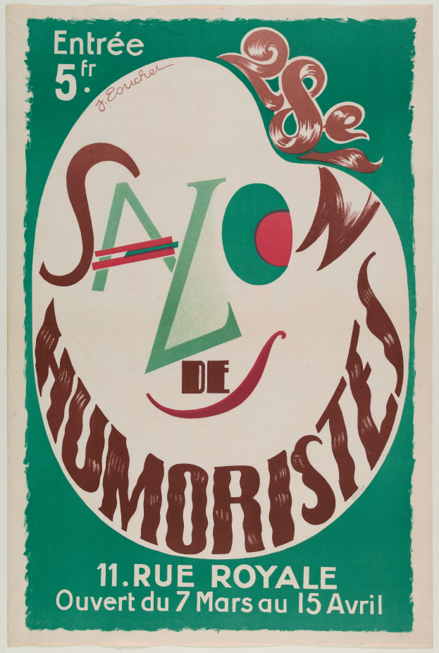 Ein Plakat, das ein Humor-Salon in Paris, Frankreich, bewirbt, mit Text, der die Angebote des Salons beschreibt.