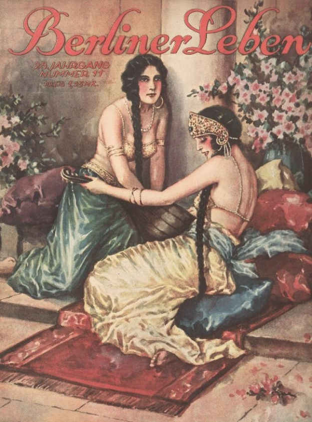 Plakat von zwei Frauen auf einem Bett mit Kissen und Pflanzen, mit dem Text "Berliner Leben Magazin-Cover aus Oktober 1931" oben.