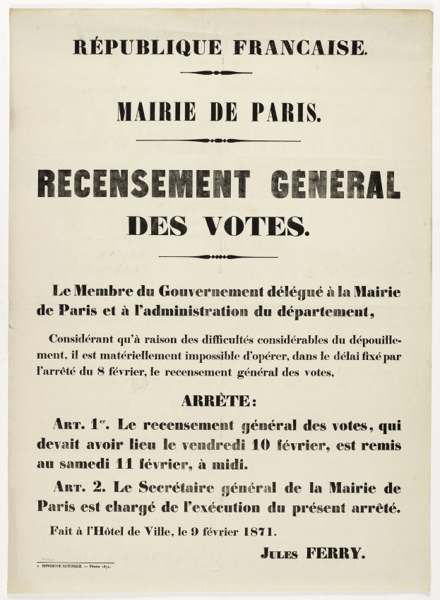 Plakat mit der Aufschrift "Recensement Général des Votes" im Zusammenhang mit einer allgemeinen Wahl der Republik Frankreich.