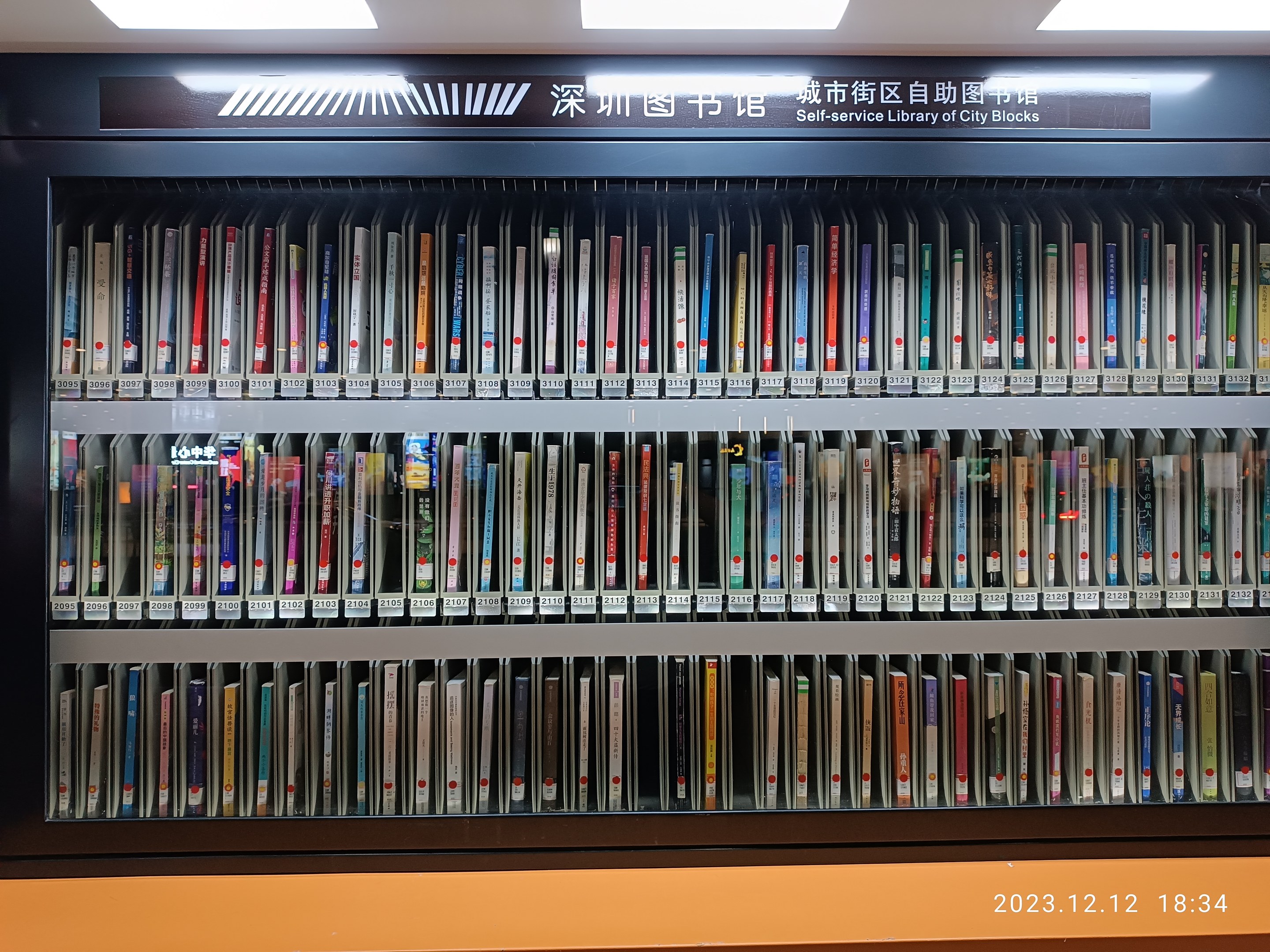 Eine hell erleuchtete Bibliothek mit hohen Bücherregalen voller Bücher, mit einer Texttafel und einem Wasserzeichen unten, ähnlich einer Selbstbedienungsbibliothek in Stadtblöcken.