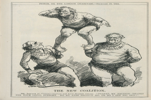 Eine politische Karikatur aus dem Jahr 1920 mit dem Titel "Die neue Koalition" aus Punch, oder der Londoner Charivari, die drei besorgte Figuren zeigt, wobei eine zentrale Figur in Qualen ist.