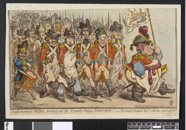 Gruppe von Männern in Militäruniformen marschiert auf einer Straße, einer hält einen Stock in der Hand, mit der Bildunterschrift: 'Ergänzungsmiliz, zum 20-tägigen Vergnügen antretend'.