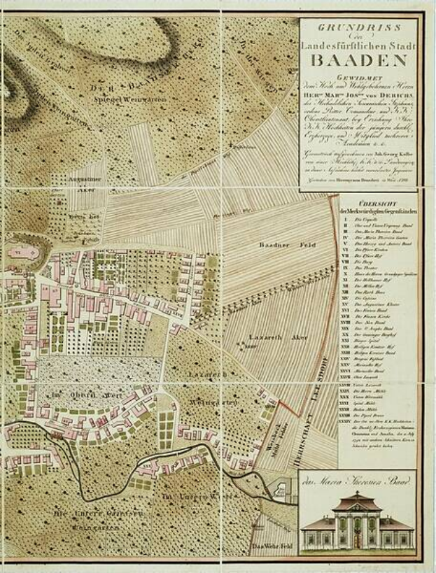 Ein detaillierter alter Stadtplan von Baden-Württemberg, Deutschland, der Straßen, Gebäude und Sehenswürdigkeiten zeigt, mit Text, der städtische Informationen bereitstellt, und einem Gebäude, das in der unteren rechten Ecke dargestellt ist.