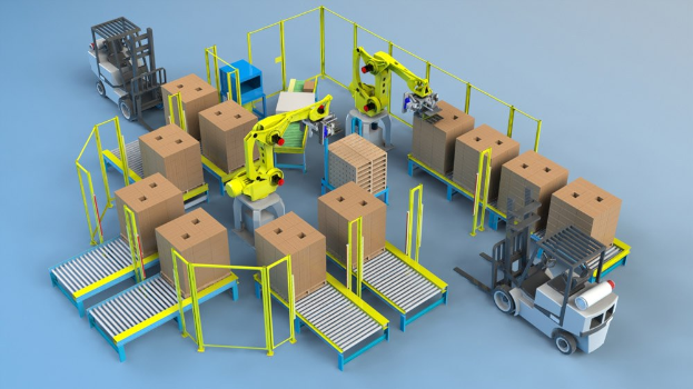 Eine Gruppe von automatisierten Robotern, die auf einem Fl├Ąnband in einem Lager arbeiten und Kartons mit Fahrzeugen auf dem Boden handhaben.