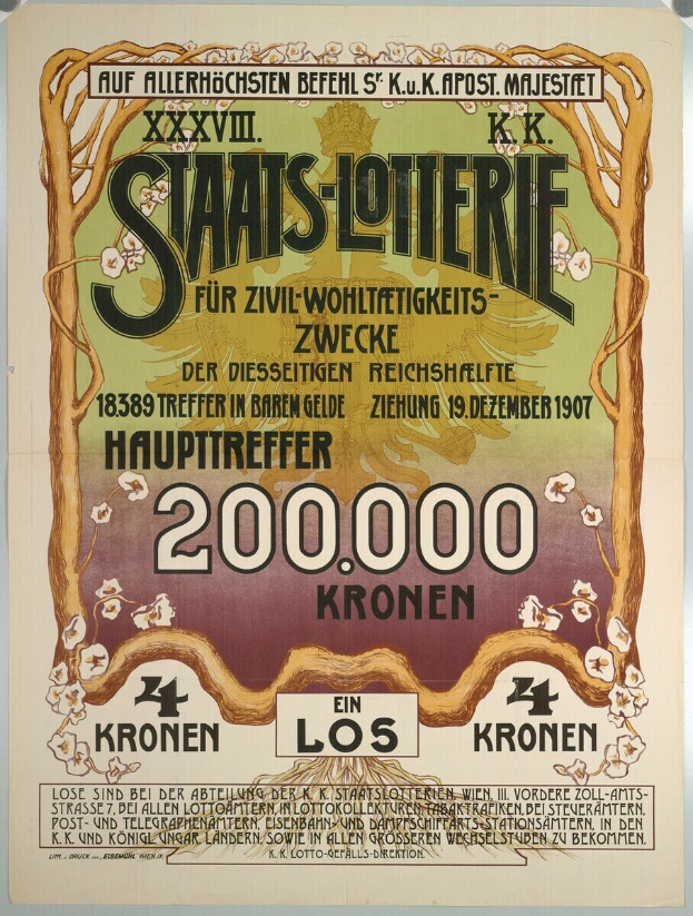 Plakat an einer Gebäudewand mit Text, Zahlen und großen Bildern von Geld, das wahrscheinlich eine Lotterie bewirbt.