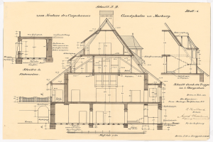 Ein detailliertes architektonisches Zeichnung eines Hauses mit zahlreichen Fenstern und einem Dach, identifiziert als das erste Haus in Deutschland, begleitet von Text und Bauplänen auf Papier.