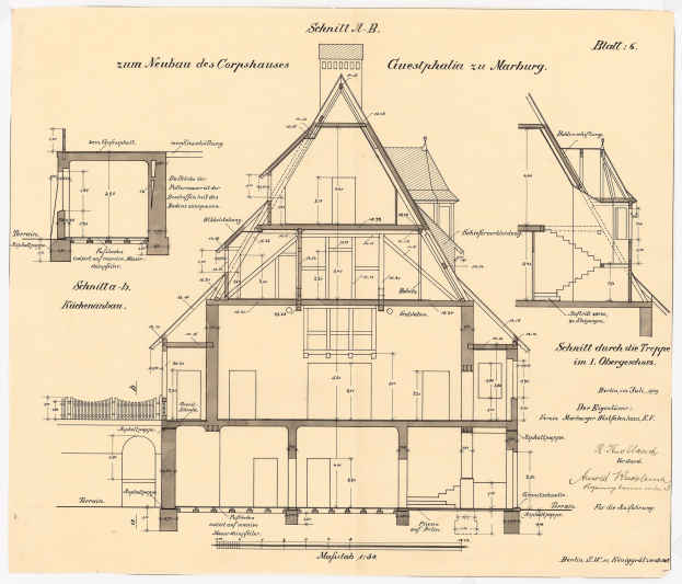 Ein detailliertes architektonisches Zeichnung eines Hauses mit zahlreichen Fenstern und einem Dach, identifiziert als das erste Haus in Deutschland, begleitet von Text und Bauplänen auf Papier.