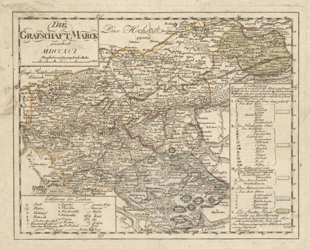 Ein detaillierter alter Stadtplan von München, Deutschland, mit Straßen, Parks und Sehenswürdigkeiten, der mit feinen Straßen, Flüssen und Bergen gefüllt ist und von einem dekorativen Rand in Blau, Grün und Gelbtonen umgeben ist.