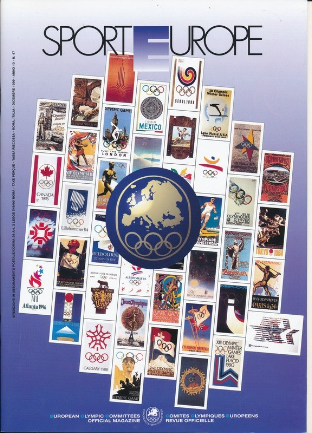 Ein Buchumschlag mit der Aufschrift "Sport in Europa" mit leuchtenden Bildern, Symbolen und Texten im Olympischen Zusammenhang.