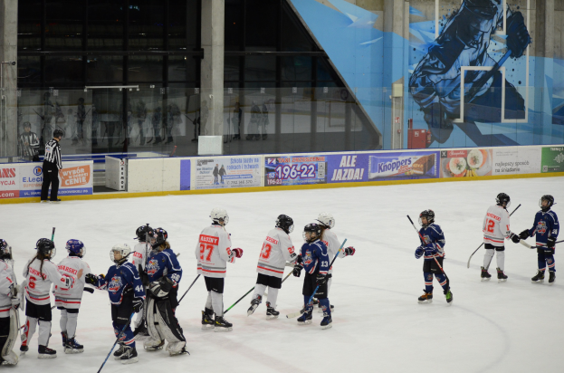 Gruppe junger Menschen beim Eishockeyspielen auf einer Halle, mit Helmen und Stöcken, einer Person auf der linken Seite und Bannern, Säulen und Glaswänden im Hintergrund.