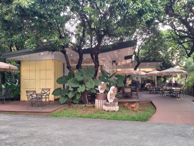 Outdoor-Café mit Tischen, Stühlen und Sonnenschirmen in einem Park umgeben von Bäumen und Pflanzen, mit einer Straße unten und einem Gebäude im Hintergrund.