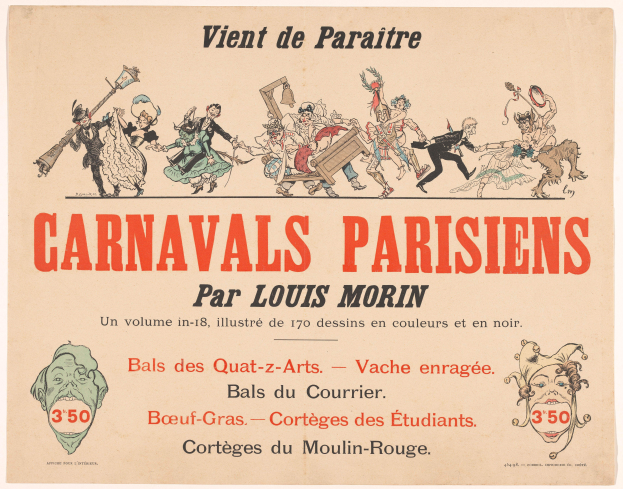 Ein Papier mit der Überschrift "Carnivals Parisiens par Louis Morin" in fetter Schrift, das farbenfrohe, detaillierte Entwürfe von Menschen in bunten Kostümen und Masken auf einer lebhaften KarnevalsSzene zeigt.