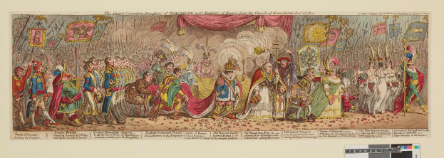 Eine Gruppe von Menschen in farbenfrohen Kostömen steht vor einer Bühne mit einem Vorhang, die den Großen Karneval von Napoleon, dem Kaiser von Frankreich, aus der Kirche Saint-Denis, Dezember 1785, feiert, wobei einige Flaggen und Deko halten.