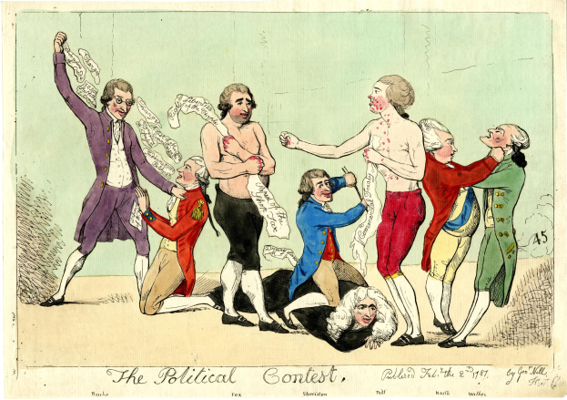 Ein politisches Karikaturbild, das eine Gruppe von Menschen in verschiedenen farbigen Kleidern zeigt, wobei eine Person in der Mitte auf dem Boden liegt und der Text "Der politische Wettbewerb" unten steht.