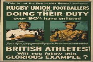 Plakat mit zwei Rugbyspielern in Uniform mit Text über britische Athleten, die sich zum Dienst melden.