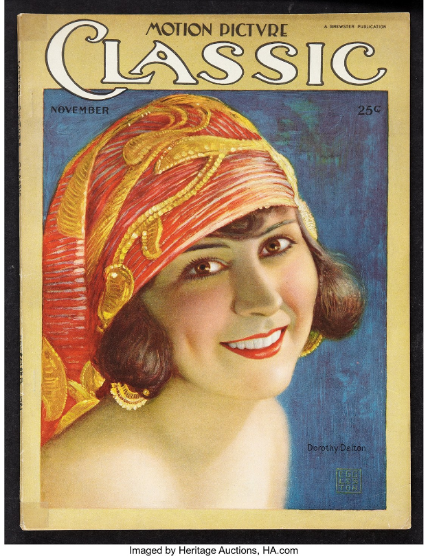 Frau mit rotem Turban auf dem Cover von 'Motion Picture Classic'-Magazin, die lächelt.
