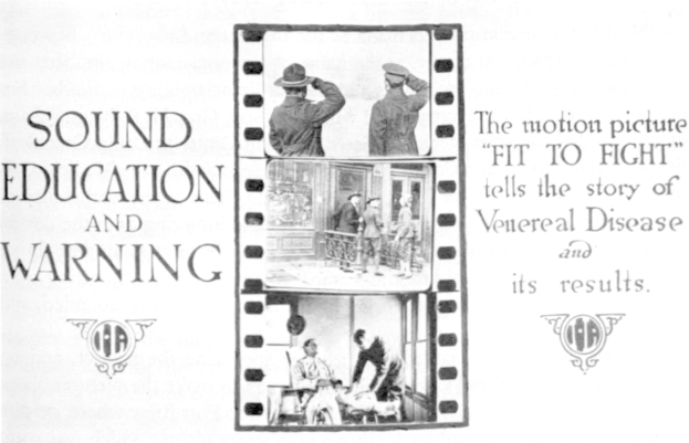 Schwarzes und weißes Plakat mit einer Gruppe von verstörten Menschen in einem Raum, das den Text "Klangbildung und Warnung" oben enthält.