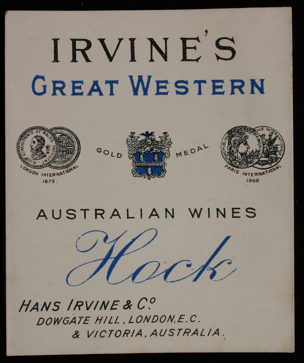 Plakatwerbung für Irvines Große Westaustralische Weine Hock, das die Logos und Texte des Unternehmens zeigt.