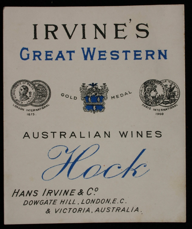 Plakatwerbung für Irvines Große Westaustralische Weine Hock, das die Logos und Texte des Unternehmens zeigt.