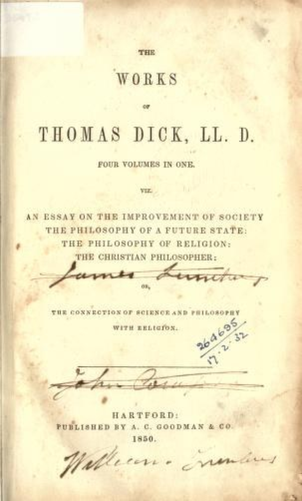 Ein aufgeschlagenes Buch mit dem Titel "The Works of Thomas Dick, LL.D. Four Volumes in One: An Essay on the Improvement of Society, the Philosophy of a Future State, and the Christian Philosophy of Religion" auf dem Cover.
