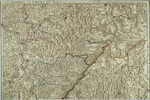 Ein altes Kartenbild der Region Rheinland-Pfalz in Frankreich, das den Rheinfluss zeigt, mit Text oben und unten auf dem Papier.