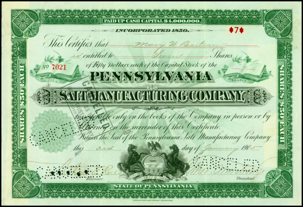 Aktienzertifikat der Pennsylvania Salt Manufacturing Company mit grünem Rand und gedrucktem Text.