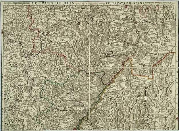 Alte gedruckte Karte der Rheinland-Pfalz-Region Frankreichs, die den Rheinfluss zeigt, mit Text oben und unten auf altem Papier.